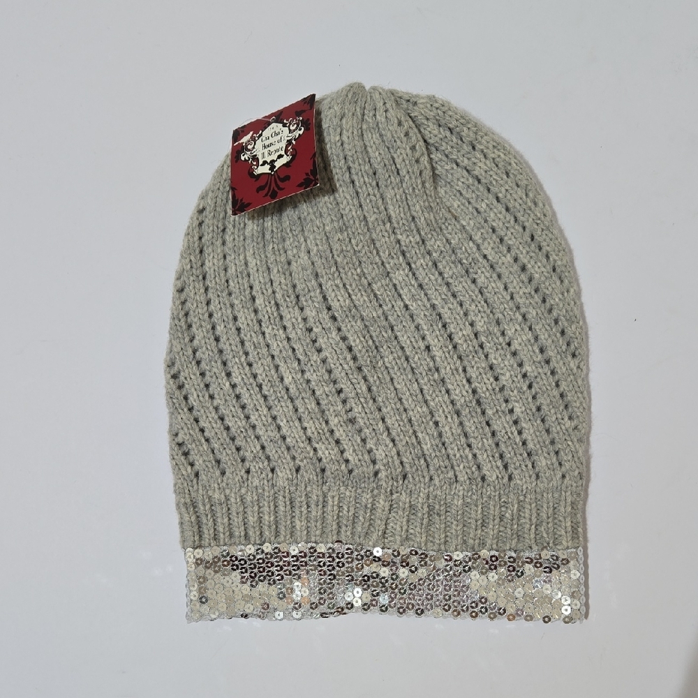 CHA CHA'S House Of Ill Repute Elegant Gray Knit Beanie with Sequin Trim